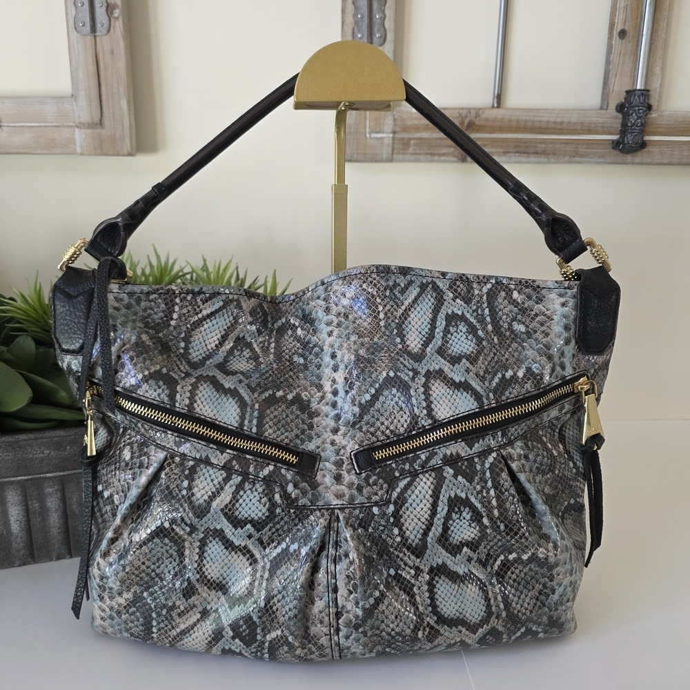 Aimee Kestenberg Snakeskin Embossed Leather Hobo Bag Gray Black Pale Blue - Picture 2 of 16